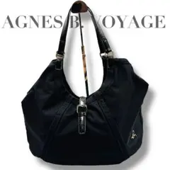 アニエスベーボヤージュ トートバッグ 黒 エナメル持ち手 ロゴ入り ナイロン 黒