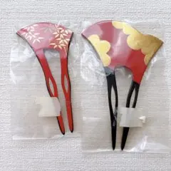 【新品未使用】かんざし ばち型 2点セット 朱色 ゴールド