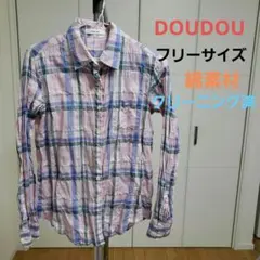 DOUDOU チェックシャツ トップス シャツ しわ加工 ピンク 綿 ブラウスのサムネイル