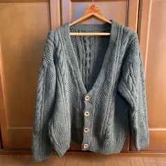 オリーブグリーン ケーブル編みカーディガン　M