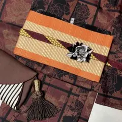 落ち着いたオレンジ系 ストライプ シンプル 薄手半幅帯