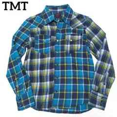TMT アシンメトリー　長袖ネルシャツ　ウエスタンシャツ　チェック　ブルー日本製