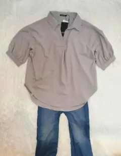 Avail グレージュチュニック デニム柄スパッツ M ブラウス 旅行 セット