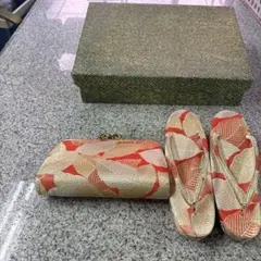 草履とバッグのセット 赤と金の葉模様 ファッション 和装小物 格安