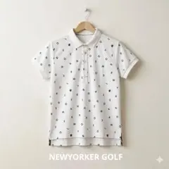 NEWYORKER GOLF 総柄ロゴプリント ポロシャツ M 吸汗速乾仕様