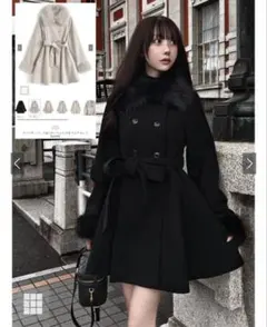 ファーティペット&リボンベルト付きフレアコート[kz699] Lサイズ