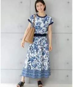 プレフェリール　青と白の花柄 半袖ロングワンピース　Mサイズ　美品　春夏　上品