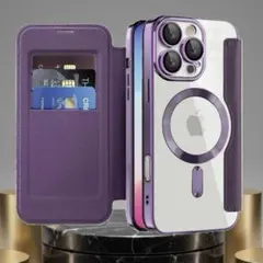 iPhone15Pro ケース 手帳型 パープル MagSafe対応 カード収納