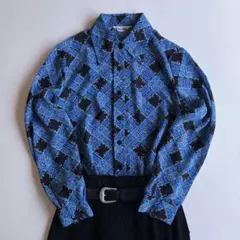 used レトロ 青 小花柄 ブラウス 古着 ヴィンテージ vintage