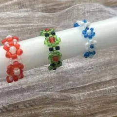 【sale】9_ビーズデザインリングセット　フラワーモチーフビーズリング 3個