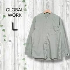 グローバルワーク　バンドカラーシャツ　無地　仕事　大きいサイズ　オリーブグリーン