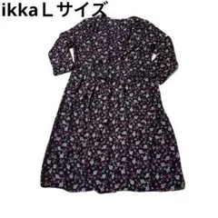 美品最終値下げikka Ｌサイズ　ネイビー/レッド　花柄膝丈ワンピース　ホワイト