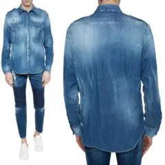 ディースクエアード 加工 デニムシャツ クラッシュ 色落ち ミリタリー