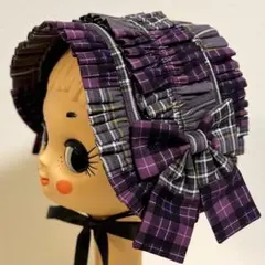 パッチワーク フリル ヘッドドレス(紫チェック)ハンドメイド ロリータ ゴスロリ