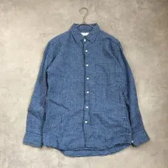 プレミアムリネン100% UNIQLO 麻 ギンガムチェック シャツ ブルー Sのサムネイル