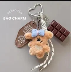 バッグチャーム＊キーチャーム ふわもこりぼんくま パラコード 白 じゃらじゃら