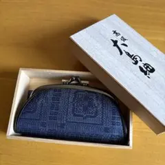 未使用ネイビー 布製 がま口 コインケース 木箱付き