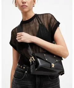 ALLSAINTS ブラックレザーショルダーMIROターンロックレザーサッチェルのサムネイル