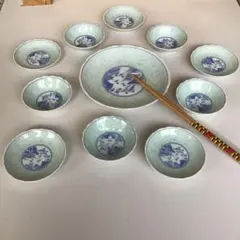 2/14h 中国茶器セット 青白陶器 11点