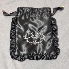 うさぎ フリル 巾着 ポーチ ブラック