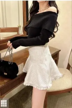 GRL インパン裏地付きフリンジツイードミニスカートgc231グレージュ