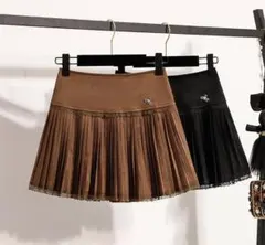 大きいサイズ 新品 秋冬 プリーツスカート 茶 ミニスカ レース 5L 台形p