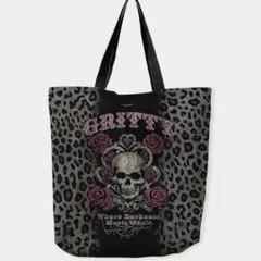 GRITTY レオパード柄トートバッグ スカル&ローズデザイン グレー