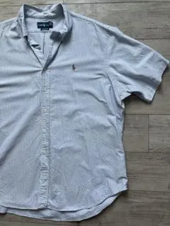 90’sラルフローレンメンズヒッコリーストライプ半袖OXフォードBDシャツXXL