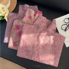 新品◎大人気 レトロ ハイネック プリント ブラウス ボタン おしゃれ度高め