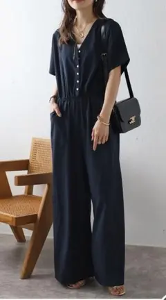 新品　ボンジュールサガン　ウエスト切替Vネックオールインワン　ネイビー