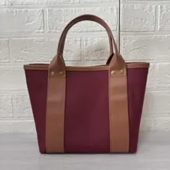帆布トートバッグ　ハンドメイド　ボルドー×フェイクレザーキャメルブラウン【S】
