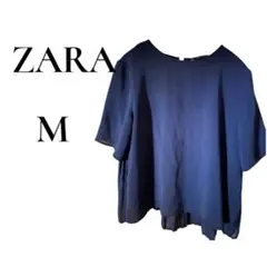 ZARA ネイビー　プリーツブラウス　トップス　半袖