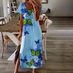 新品★蝶々柄オリエンタルロングワンピース★水色★フリーサイズ