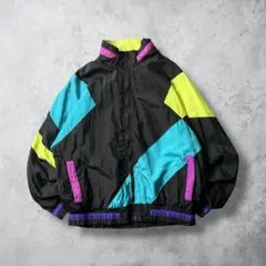 ナイロンジャケットブラック切替配色M短丈太アーム90sライク古着ヴィンテージ