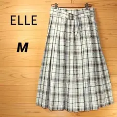 【美品】ELLE　プリーツスカート　フレア　ミモレ　ベルト　チェック　グレー　Mのサムネイル