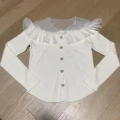格安！GRL パール調ボタン フリル装飾 Mサイズ長袖カーディガン ホワイト
