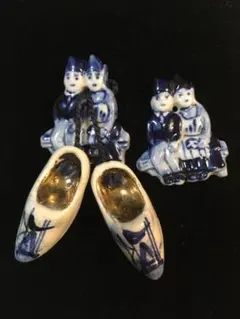 オランダ製　陶器　デルフト　３点セット　ミニ木靴とカップル