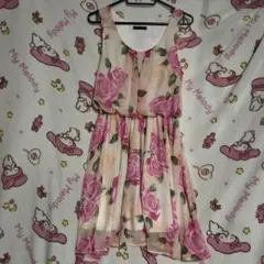 夢展望　ノースリーブ　シフォンワンピース　Lサイズ　ピンク　バラ柄