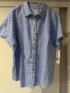 ZARAストライプ 半袖シャツ Lサイズ