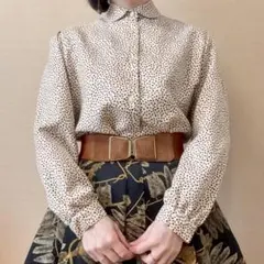 極小ドット柄 丸襟シャツブラウス 昭和レトロ ヴィンテージ 日本製 ベージュ 赤