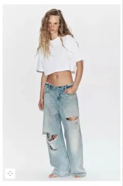 ZARA TRF ミッドライズ折り返しウエストデニムパンツ 32