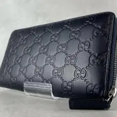 【美品】グッチ 長財布 ラウンドファスナー シマ レザー gg 型押しロゴ 紺色