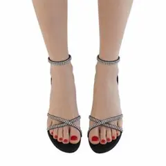 値下げしました　未使用　EU36 ビジューサンダル　黒　リボン　ヒール