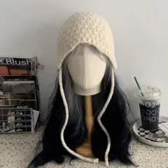 ニット帽 ホワイト 白 レディース 帽子 韓国 耳あて付き ビーニー スキー帽子