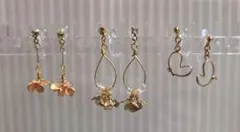 イヤリング　樹脂ノンホールピアス　花　ハート　３点セット　①