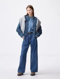 デニムタックトラウザー ブルー S 股下補正65cm