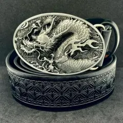 B006 ベルト ドラゴン 龍 竜 デザイン PUレザー 黒 メンズ ウエスタン