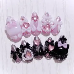 No.742　ネイルチップ 現品 量産型 地雷系 サブカル 平成女児 猫 ピンク