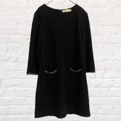 ダブルアール Aラインワンピース ミディ丈 チェーン付き ポケット 毛混 日本製