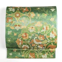 R8SK373 袋帯 花鳥 華文 唐草 礼装用 金糸 六通柄 緑 ゴールド